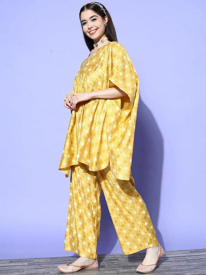 Mustard Printed Silk Blend Kaftan Kaftan With Palazzos - Libas