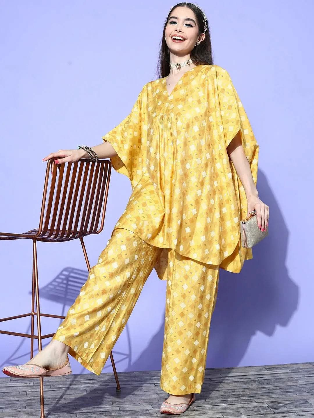 Mustard Printed Silk Blend Kaftan Kaftan With Palazzos - Libas 