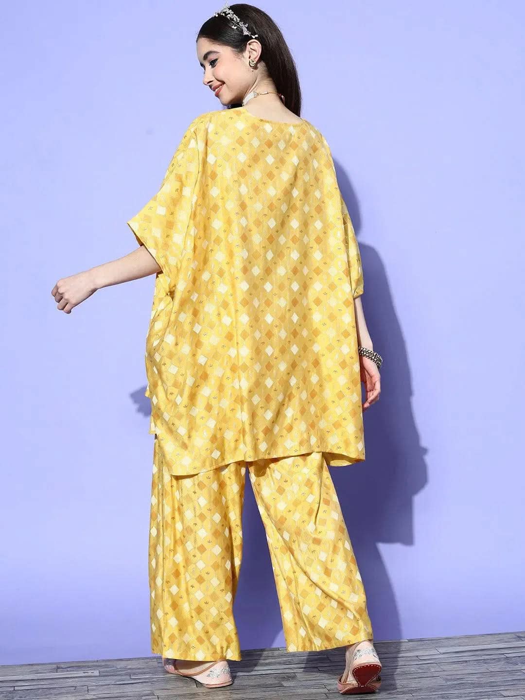 Mustard Printed Silk Blend Kaftan Kaftan With Palazzos - Libas 