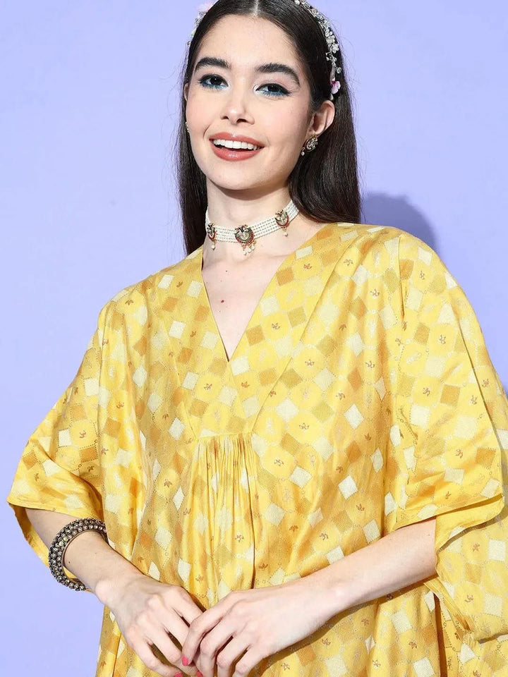 Mustard Printed Silk Blend Kaftan Kaftan With Palazzos - Libas