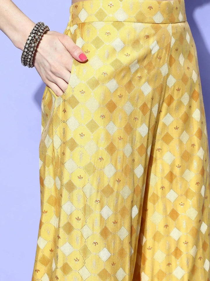 Mustard Printed Silk Blend Kaftan Kaftan With Palazzos - Libas