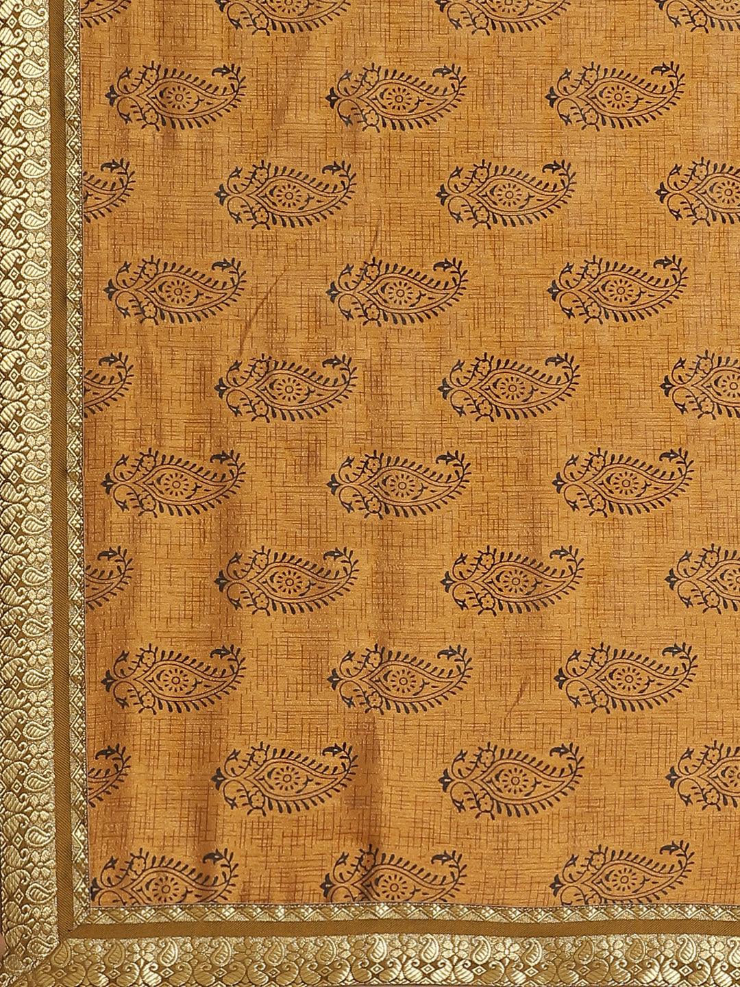 Mustard Printed Silk Blend Saree - Libas