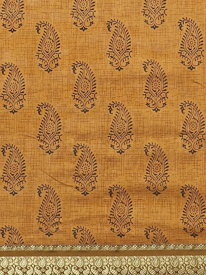 Mustard Printed Silk Blend Saree - Libas
