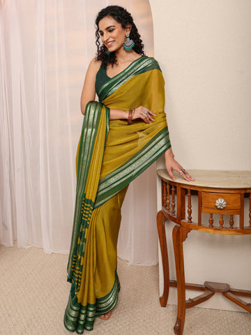 Mustard Printed Silk Blend Saree 
With Unstitched Blouse Piece