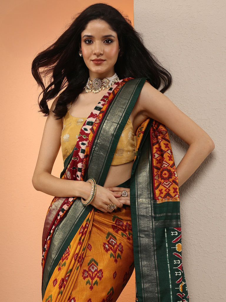 Libas Mustard Printed Silk Blend Saree With Unstitched Blouse Piece