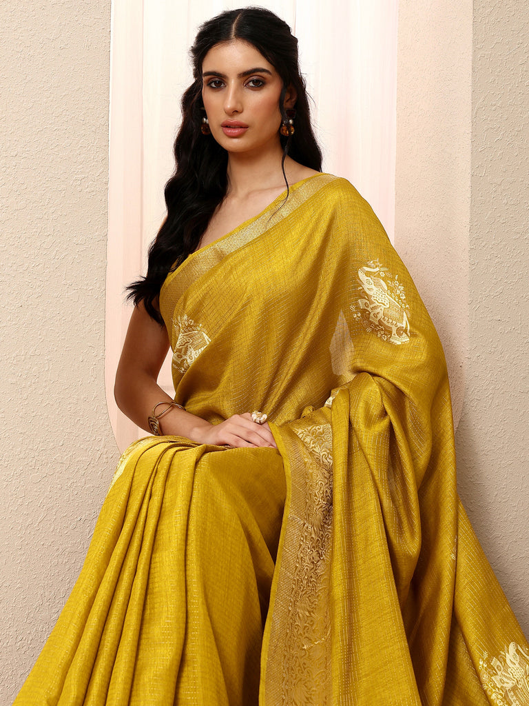 Libas Mustard Printed Silk Blend Saree With Unstitched Blouse Piece