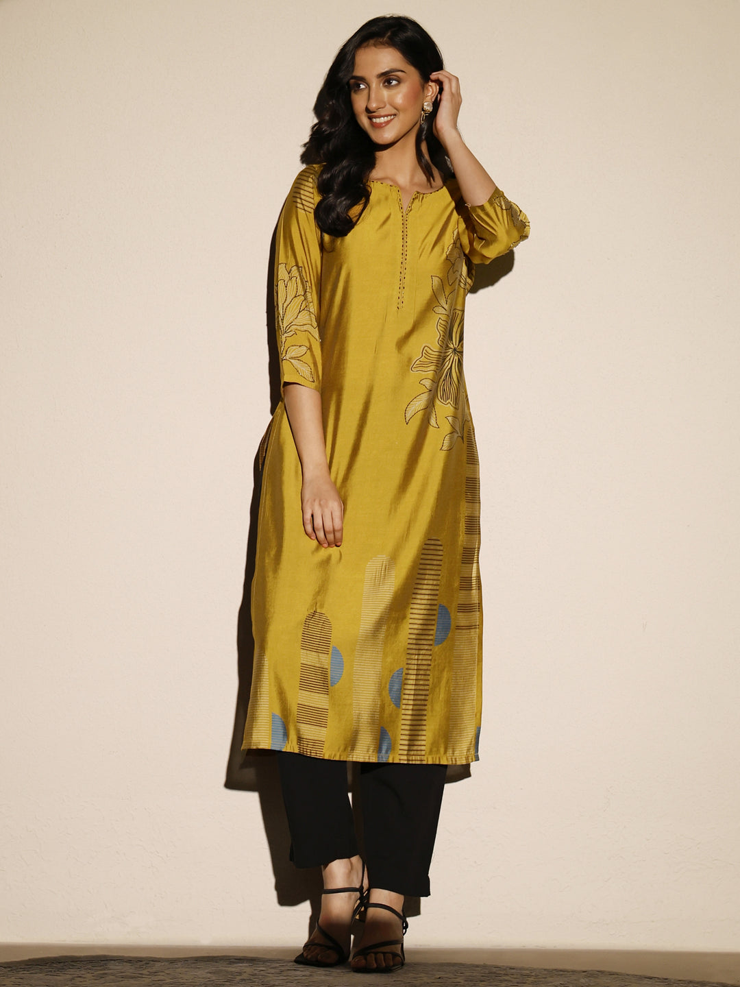 Mustard Printed Silk Blend Straight Kurta