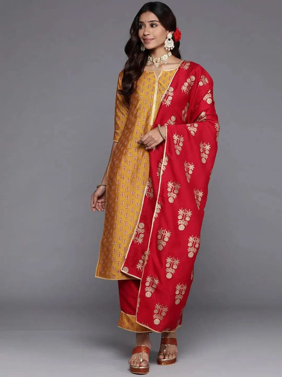 Mustard Printed Silk Blend Straight Suit Set With Trousers - Libas 
