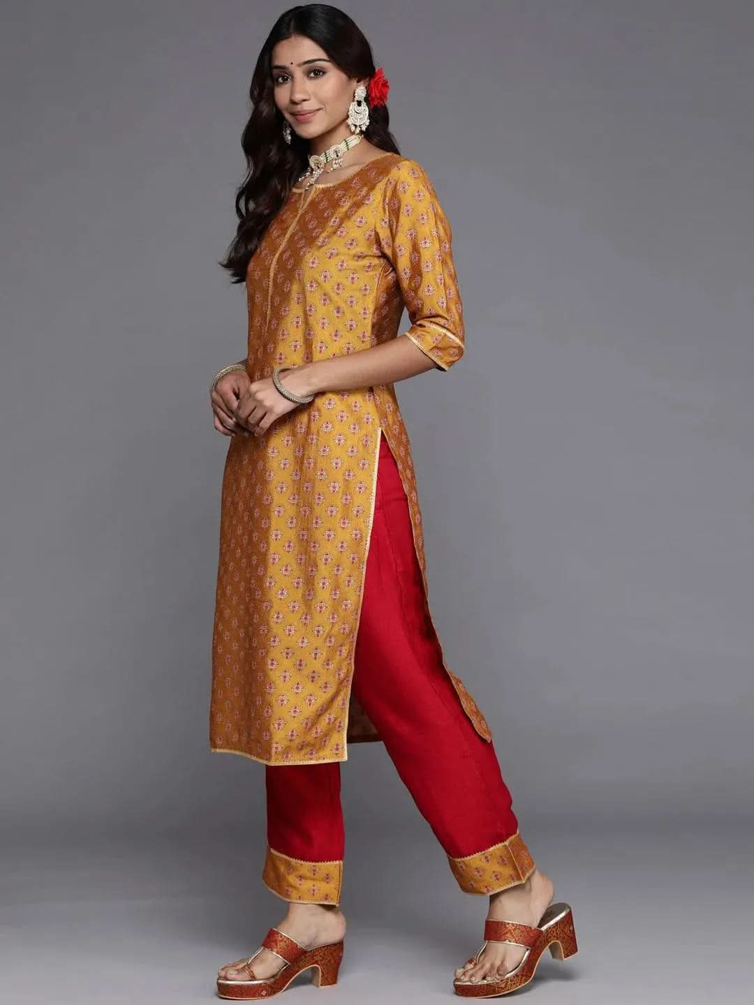 Mustard Printed Silk Blend Straight Suit Set With Trousers - Libas 