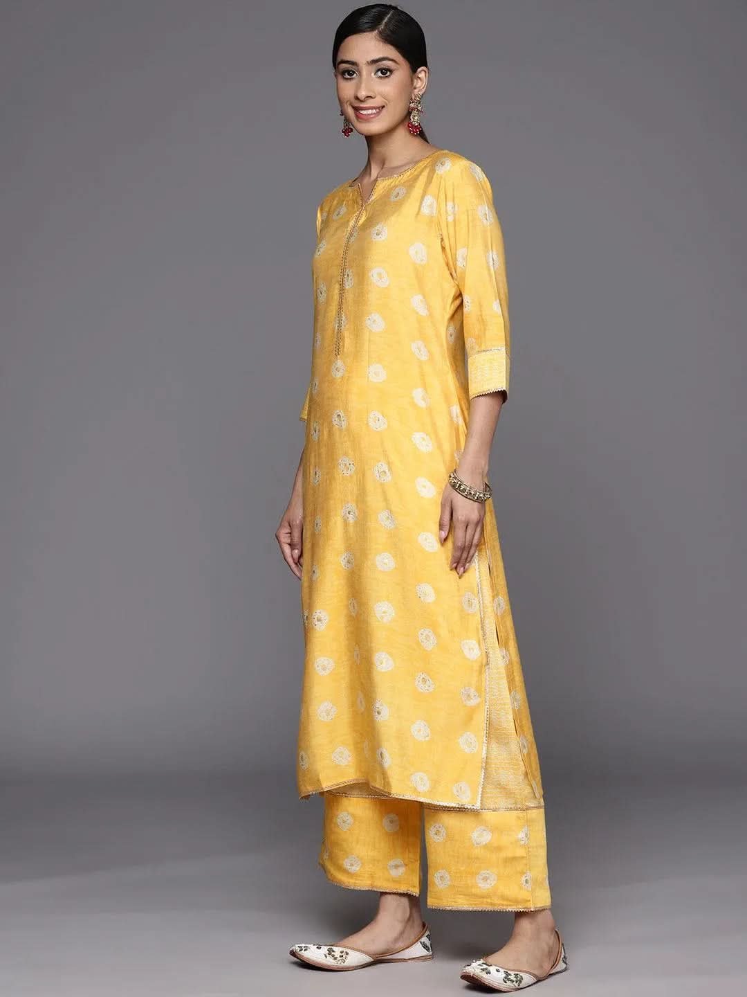 Mustard Printed Silk Blend Straight Suit Set With Palazzos - Libas 