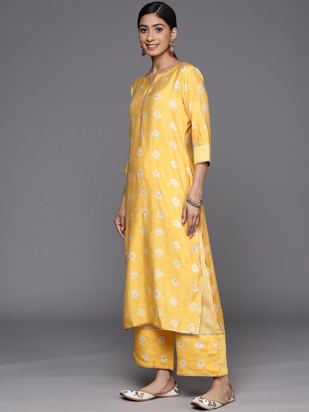 Mustard Printed Silk Blend Straight Suit Set With Palazzos - Libas