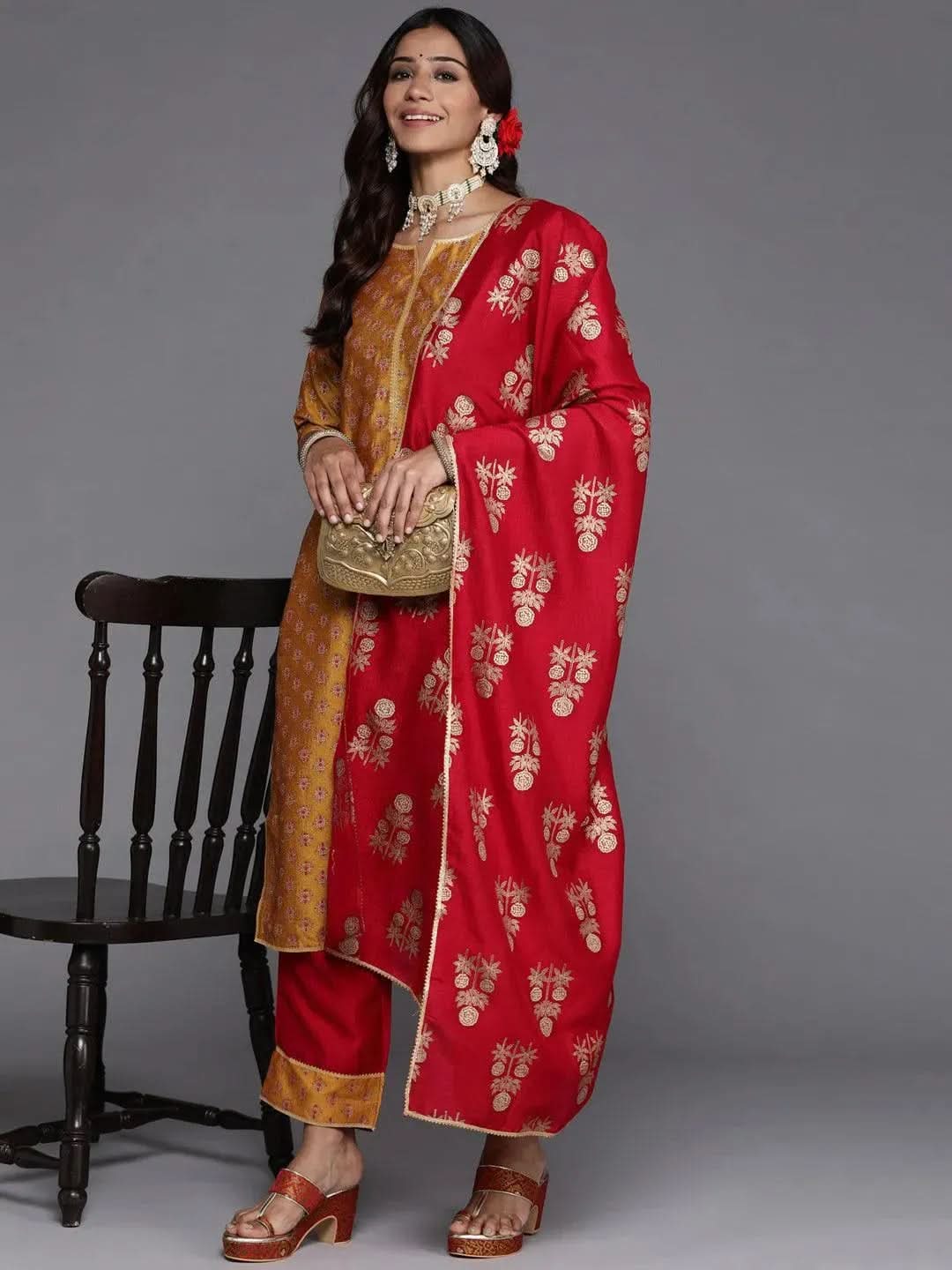 Mustard Printed Silk Blend Straight Suit Set With Trousers - Libas 