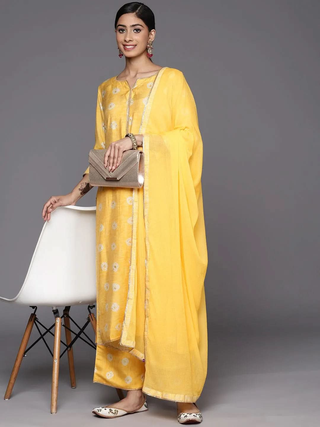 Mustard Printed Silk Blend Straight Suit Set With Palazzos - Libas 