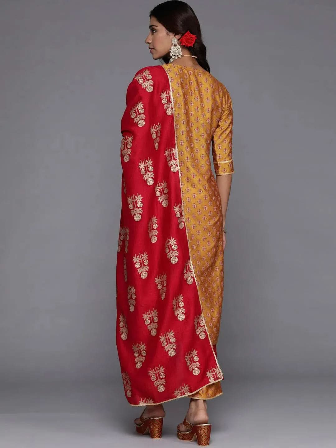 Mustard Printed Silk Blend Straight Suit Set With Trousers - Libas 