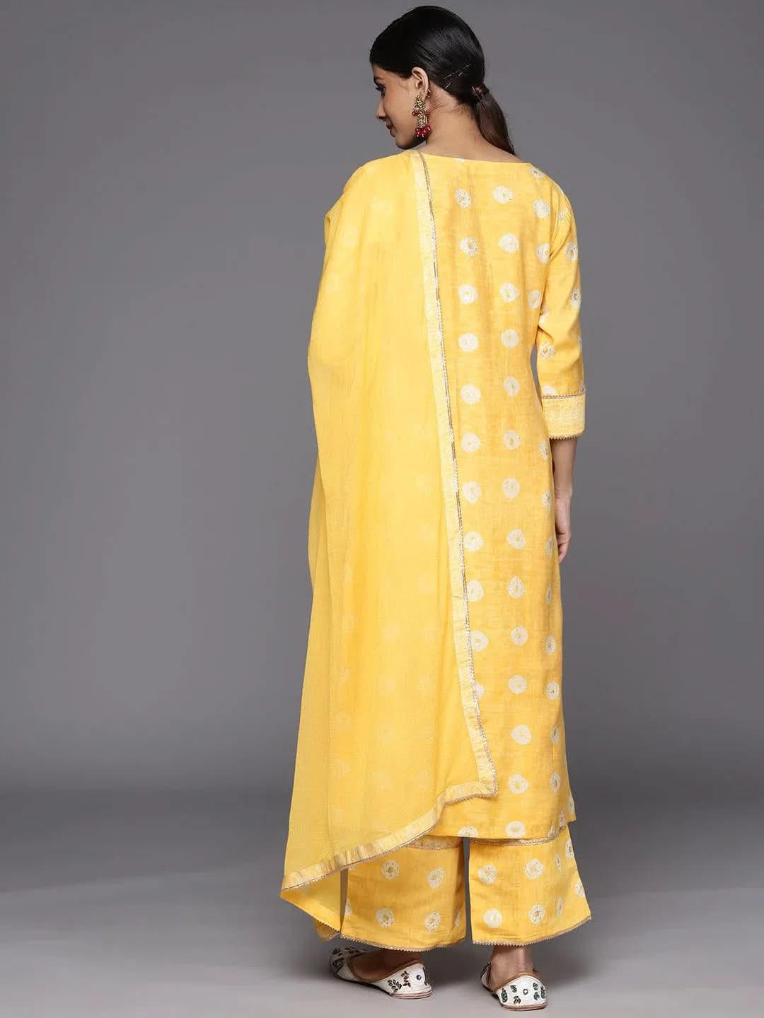 Mustard Printed Silk Blend Straight Suit Set With Palazzos - Libas 