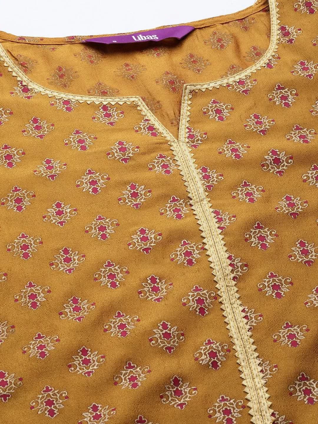 Mustard Printed Silk Blend Straight Suit Set With Trousers - Libas 