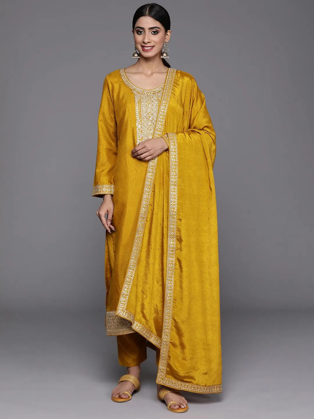 Mustard Printed Silk Blend Straight Kurta With Trousers & Dupatta - Libas 