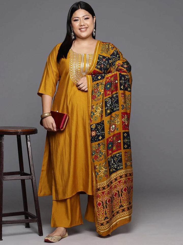 Mustard Printed Silk Blend Straight Kurta With Trousers & Dupatta - Libas