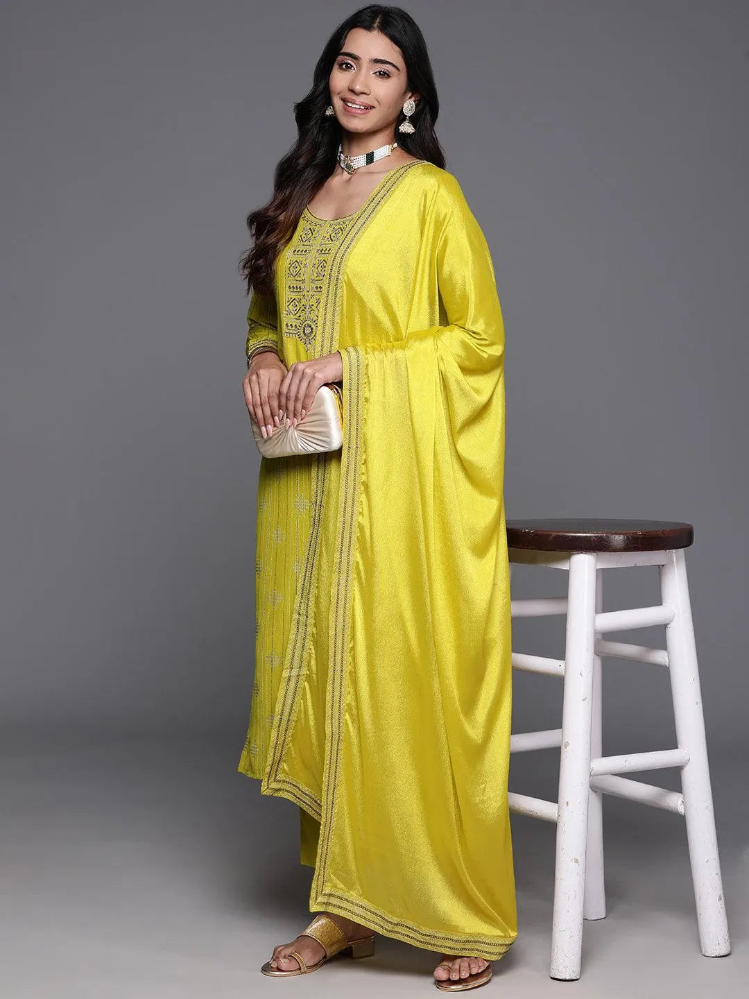Mustard Printed Silk Blend Straight Kurta With Trousers & Dupatta - Libas 