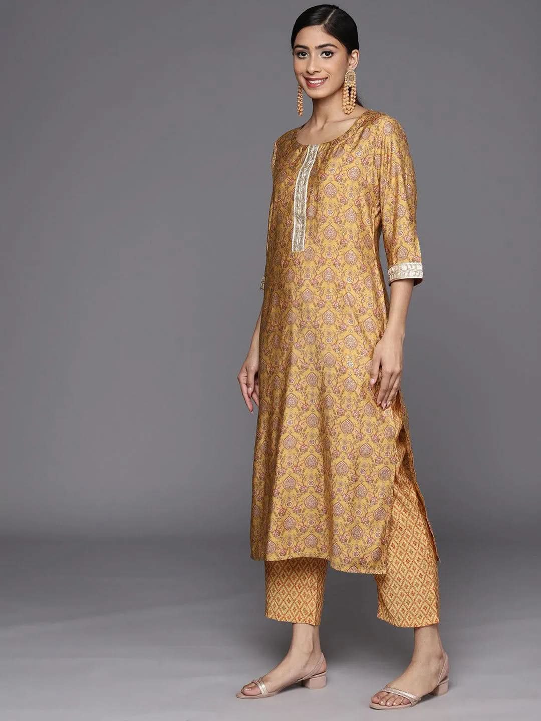 Mustard Printed Silk Blend Straight Suit Set With Trousers - Libas 