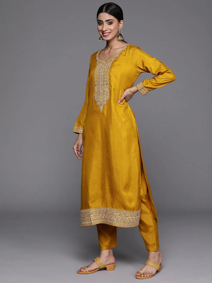 Mustard Printed Silk Blend Straight Kurta With Trousers & Dupatta - Libas