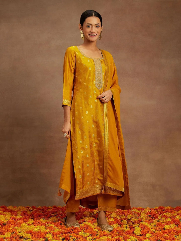 Mustard Printed Silk Blend Straight Kurta With Trousers & Dupatta - Libas