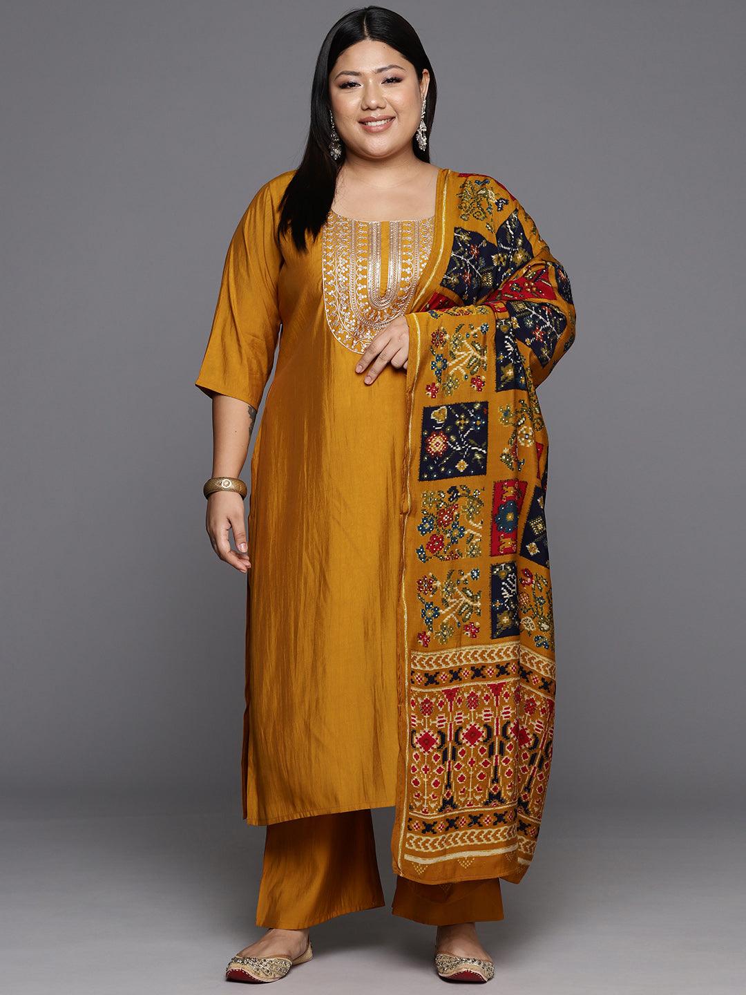 Plus Size Mustard Printed Silk Blend Straight Suit With Dupatta