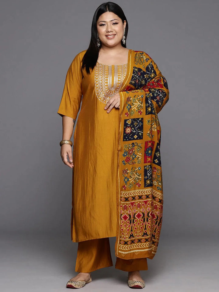 Mustard Printed Silk Blend Straight Kurta With Trousers & Dupatta - Libas