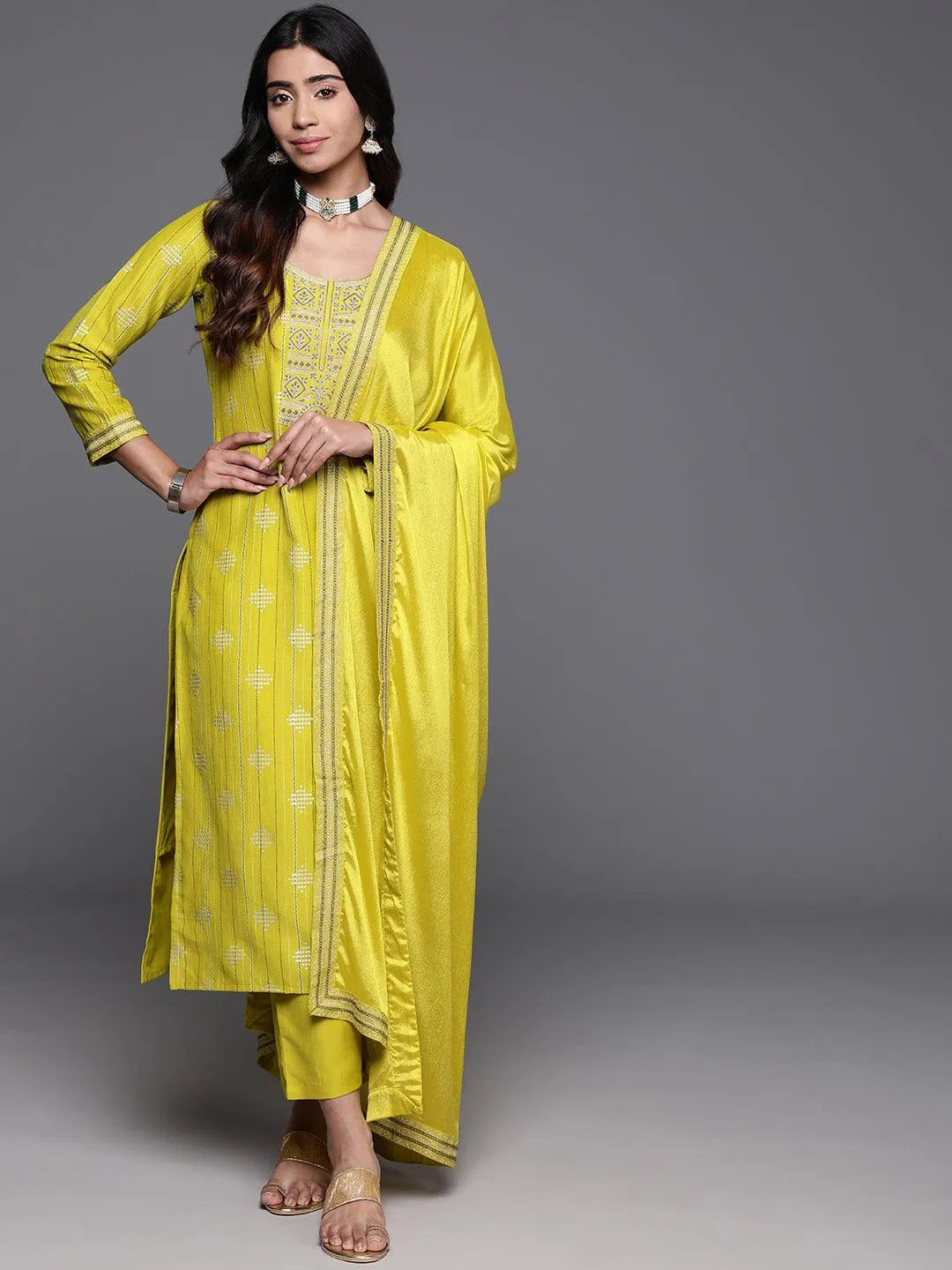 Mustard Printed Silk Blend Straight Kurta With Trousers & Dupatta - Libas 