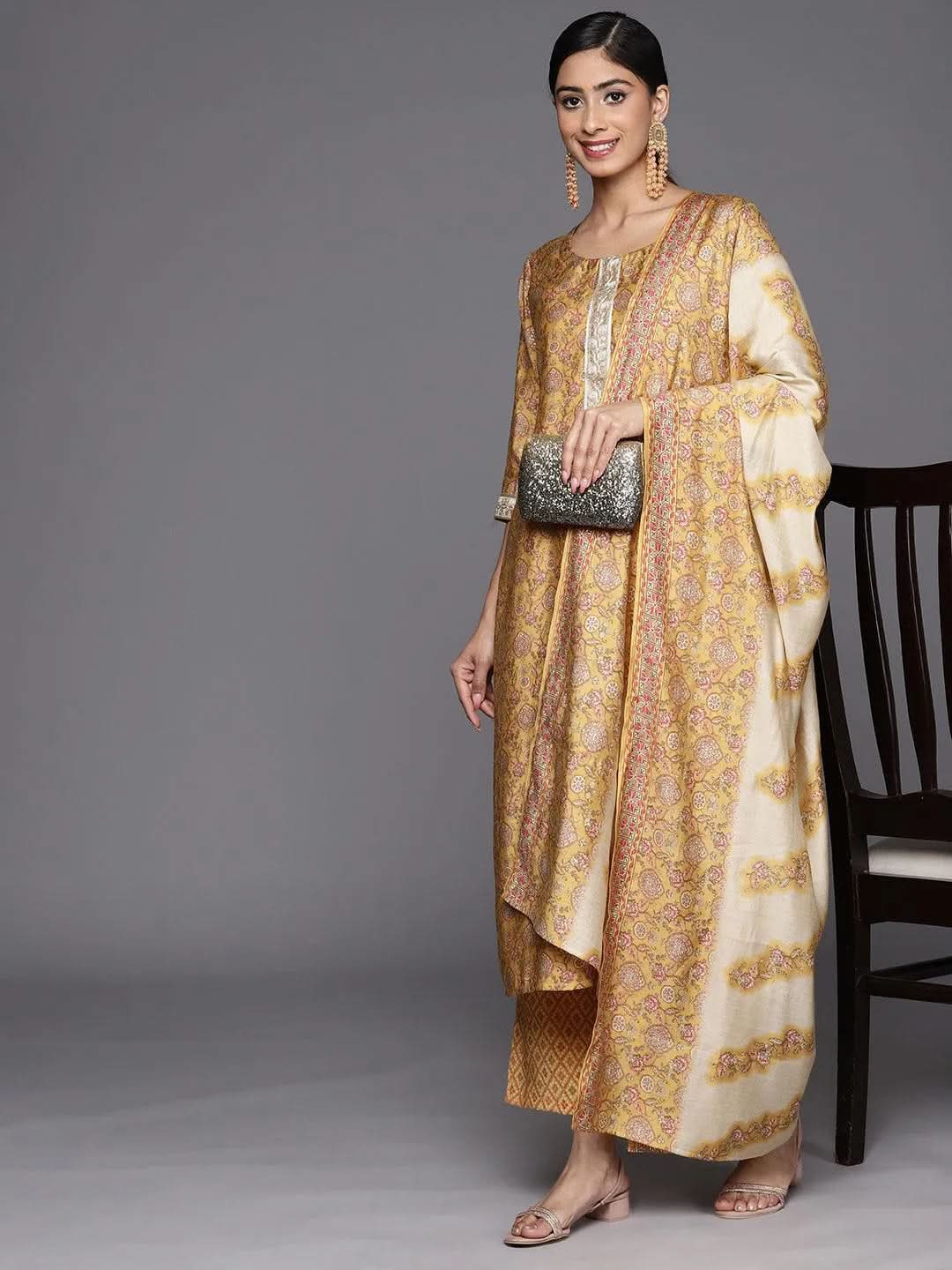 Mustard Printed Silk Blend Straight Suit Set With Trousers - Libas 