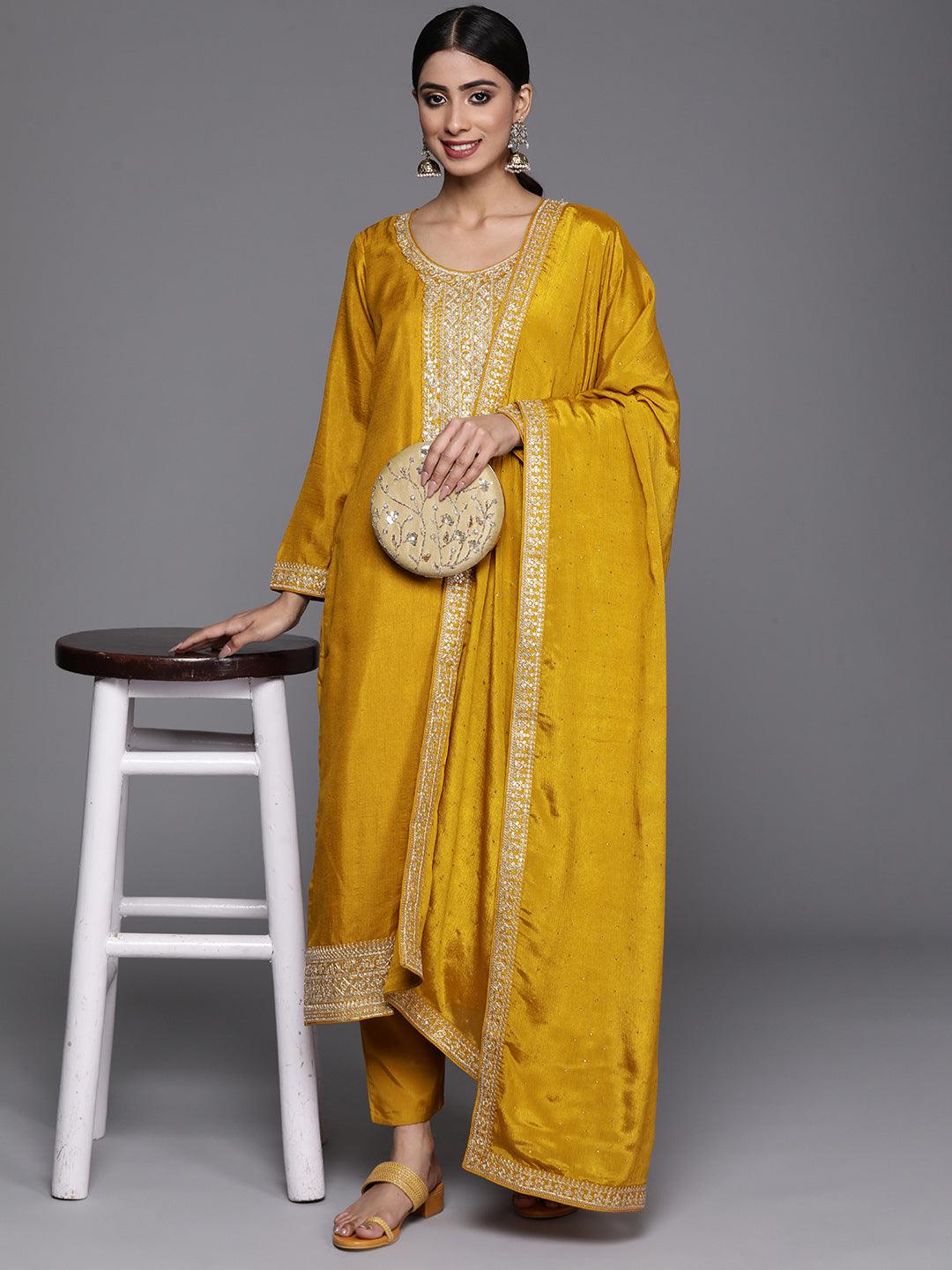 Mustard Printed Silk Blend Straight Kurta With Trousers & Dupatta