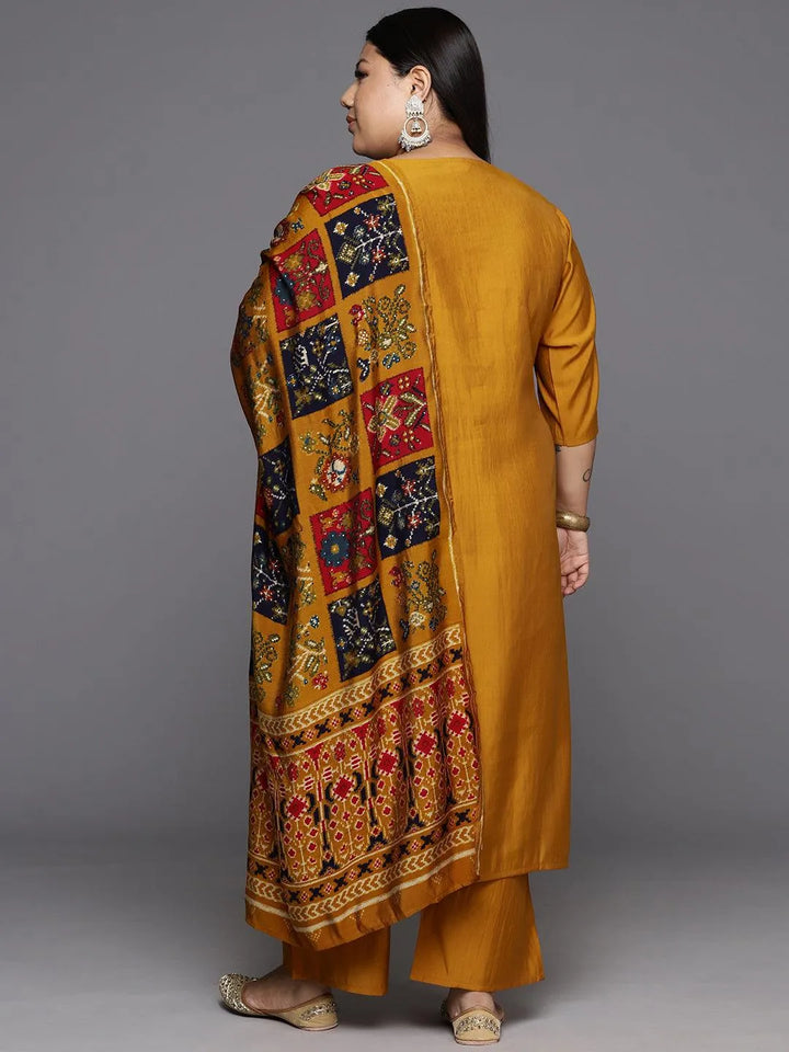 Mustard Printed Silk Blend Straight Kurta With Trousers & Dupatta - Libas