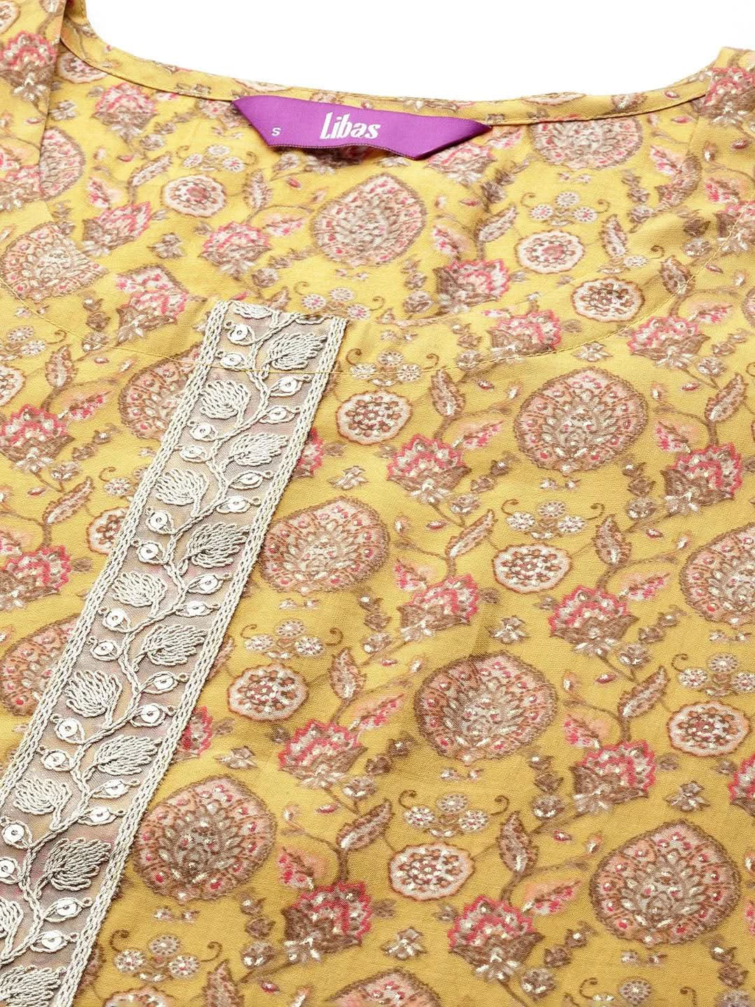 Mustard Printed Silk Blend Straight Suit Set With Trousers - Libas 