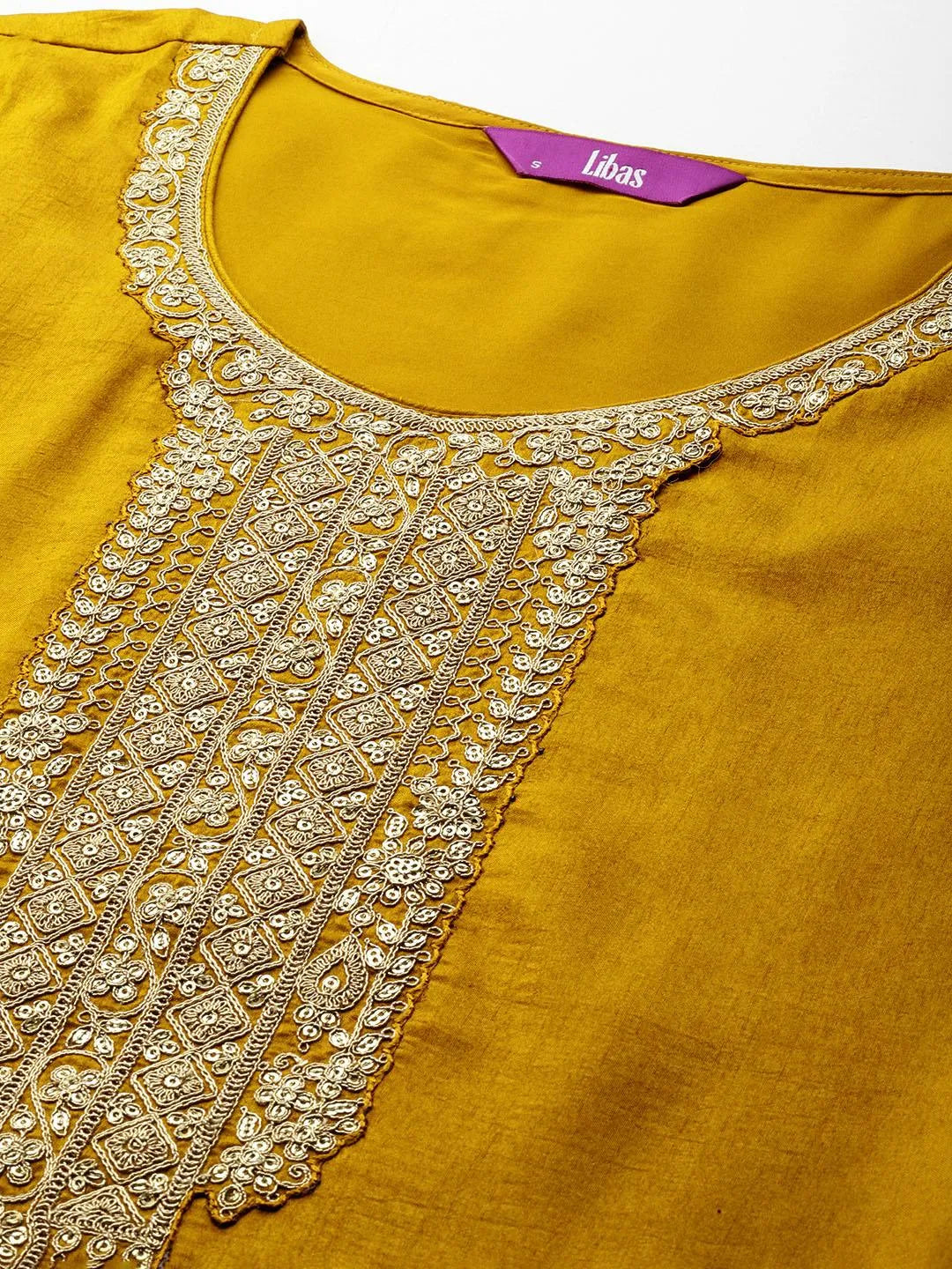 Mustard Printed Silk Blend Straight Kurta With Trousers & Dupatta - Libas 
