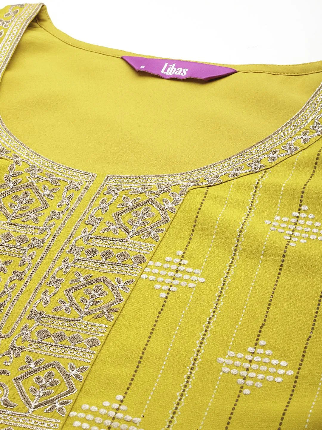 Mustard Printed Silk Blend Straight Kurta With Trousers & Dupatta - Libas 