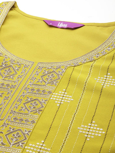 Mustard Printed Silk Blend Straight Kurta With Trousers & Dupatta - Libas