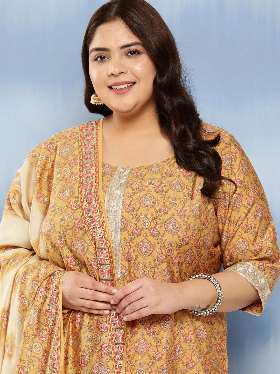 Mustard Printed Silk Blend Straight Kurta With Trousers and Dupatta - Libas 