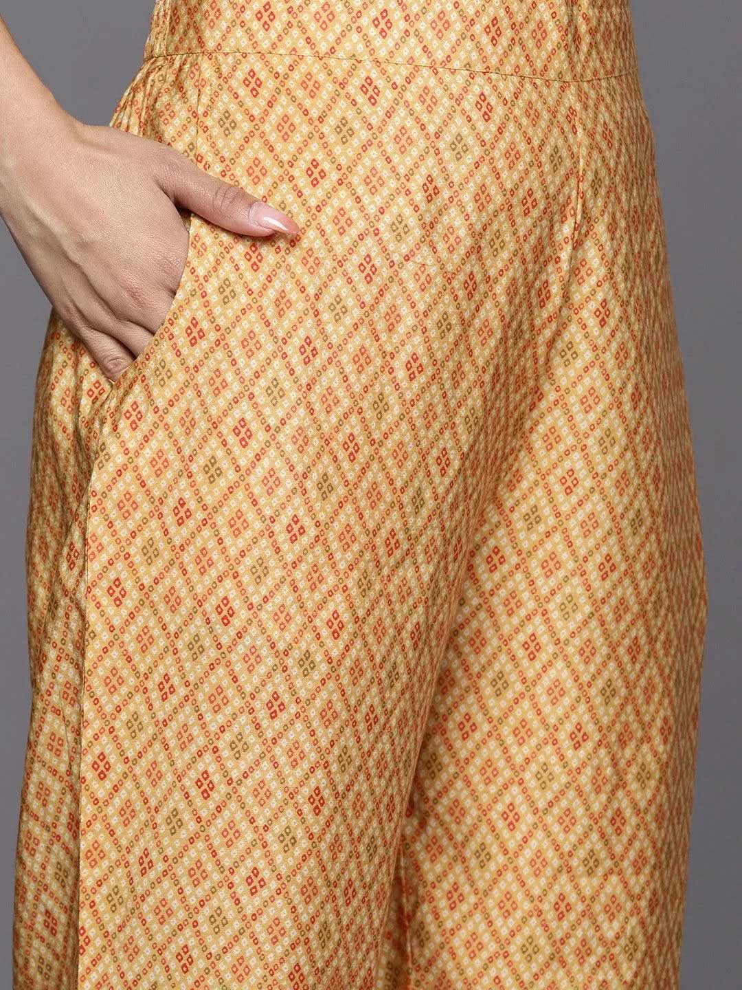 Mustard Printed Silk Blend Straight Suit Set With Trousers - Libas 