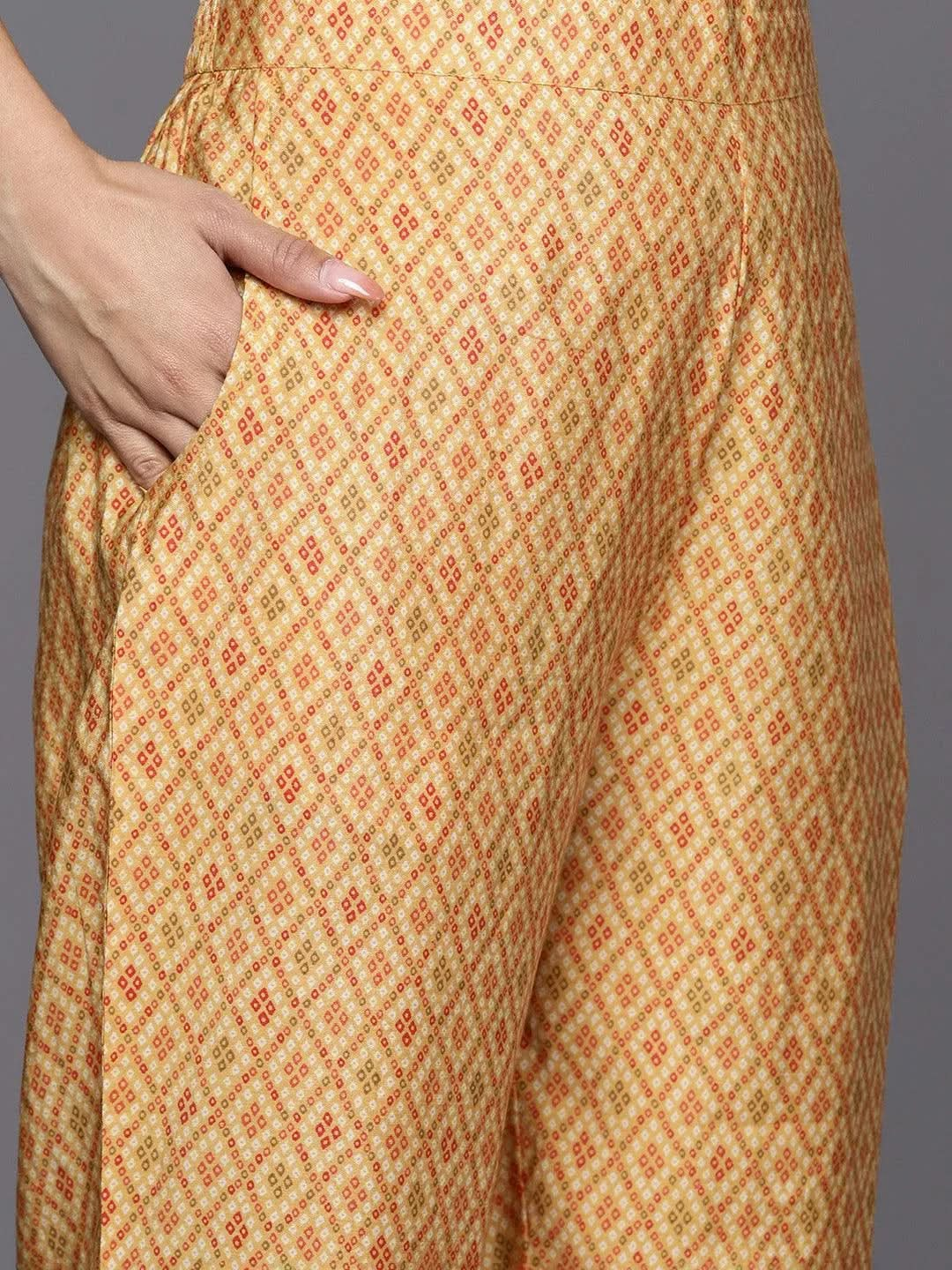 Mustard Printed Silk Blend Straight Suit Set With Trousers - Libas