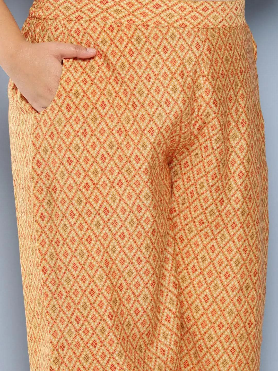 Mustard Printed Silk Blend Straight Kurta With Trousers and Dupatta - Libas 