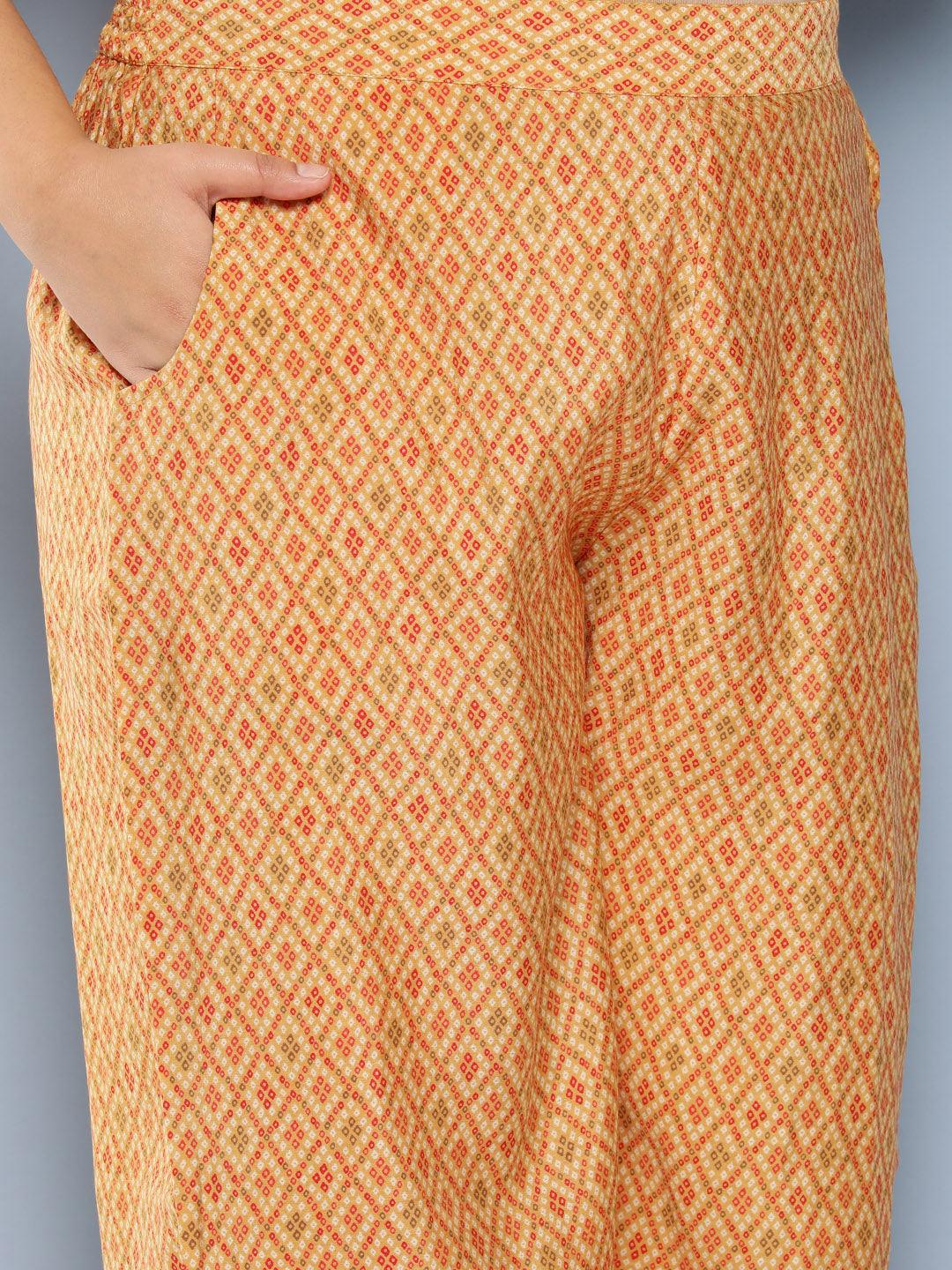 Mustard Printed Silk Blend Straight Kurta With Trousers and Dupatta - Libas