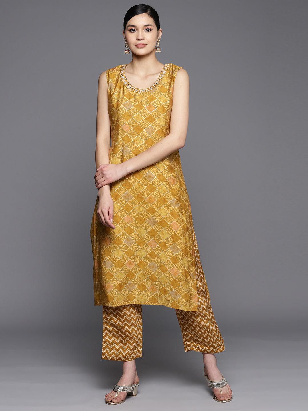 Mustard Printed Silk Blend Straight Kurta Set With Trousers - Libas