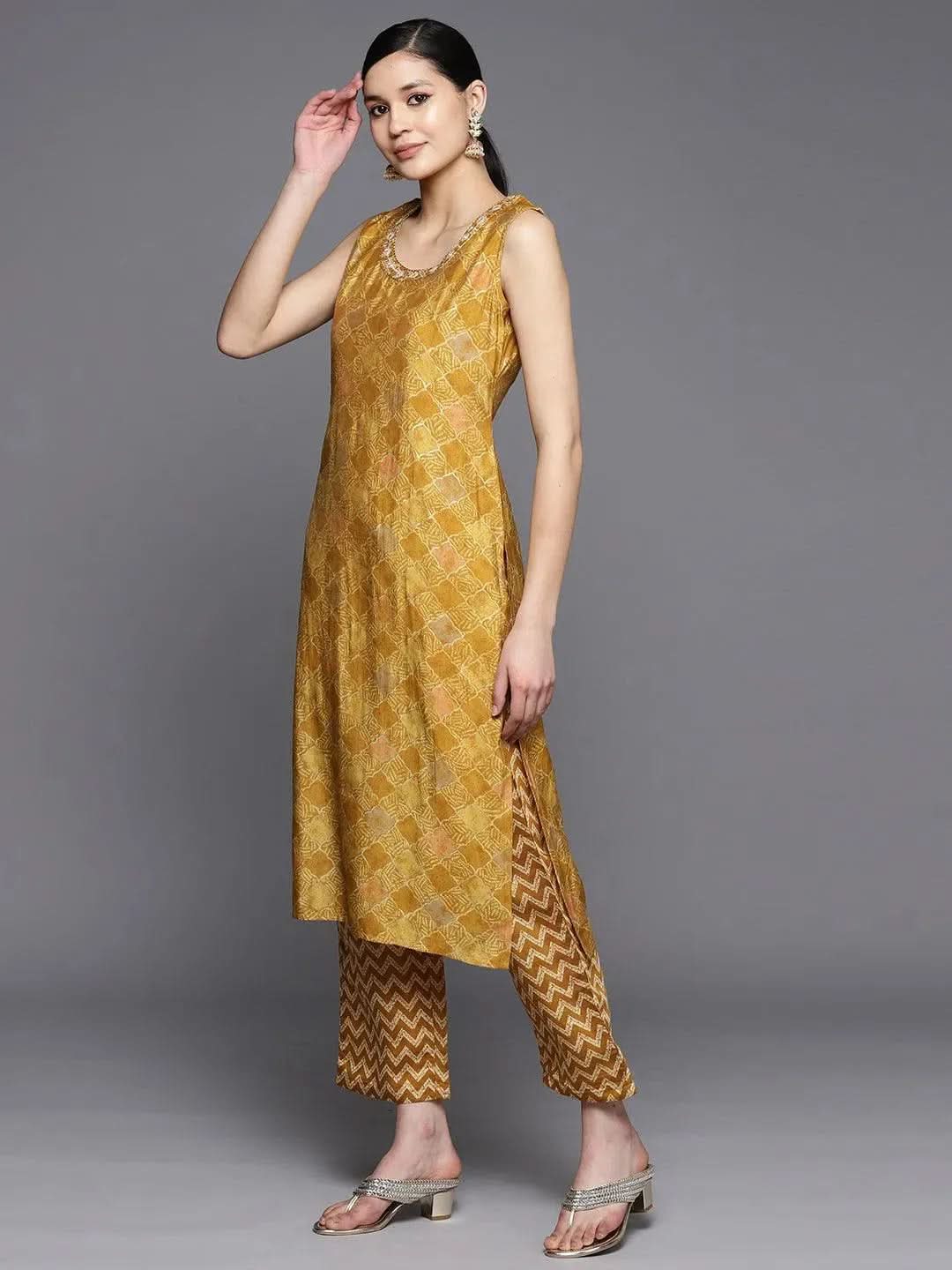Mustard Printed Silk Blend Straight Kurta Set With Trousers - Libas 
