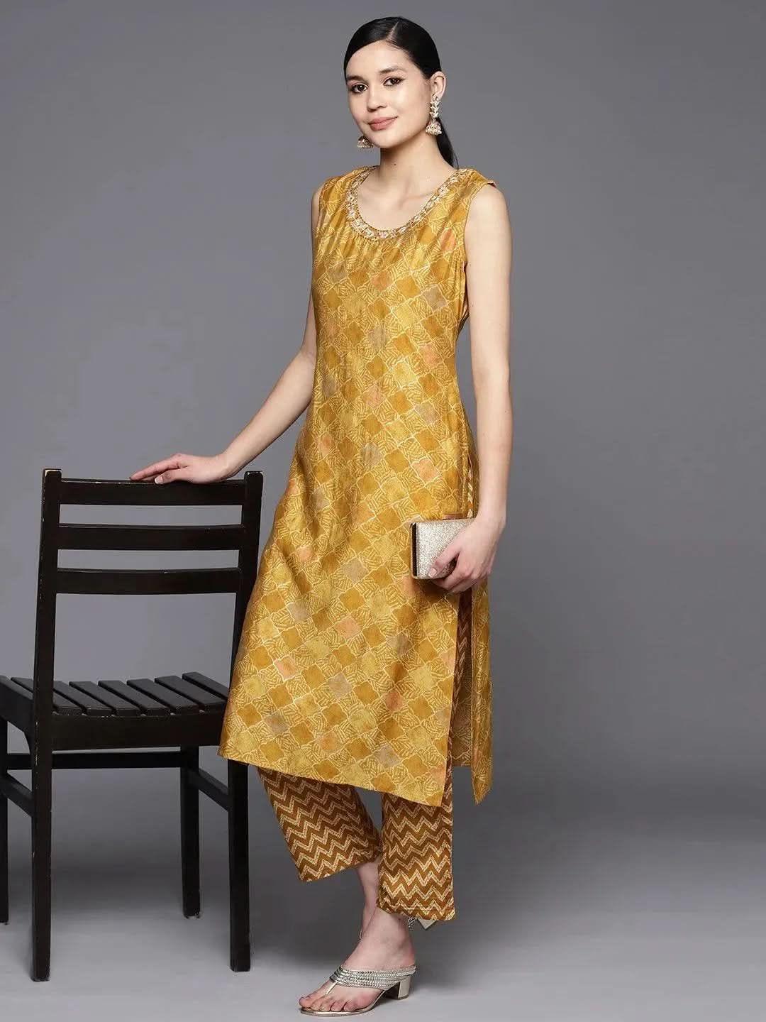 Mustard Printed Silk Blend Straight Kurta Set With Trousers - Libas 
