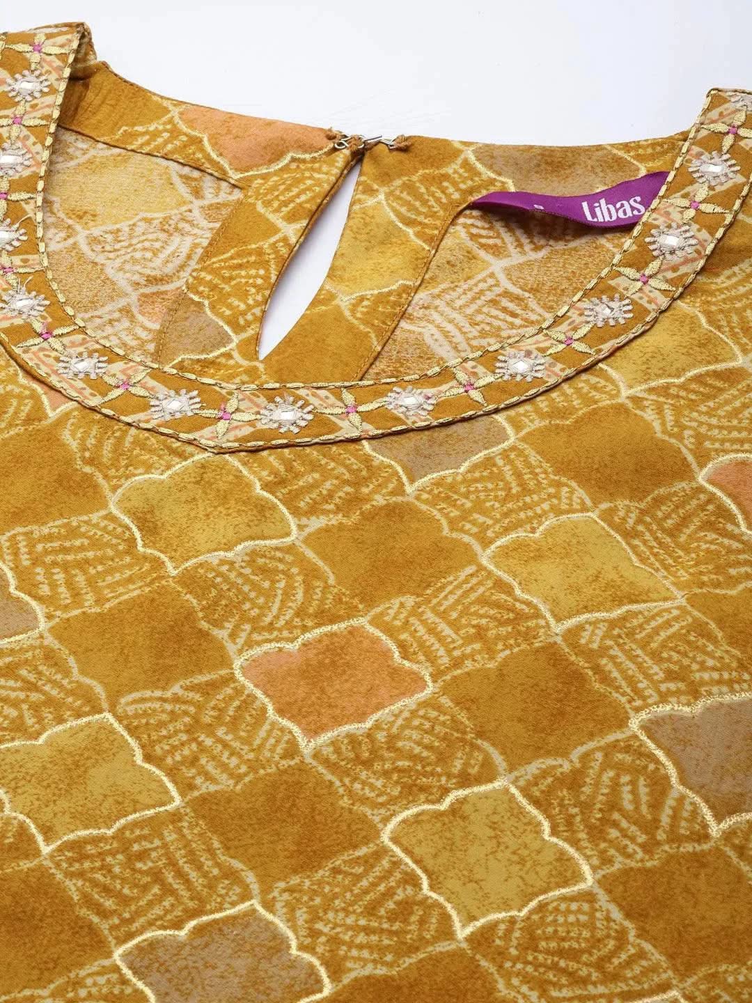 Mustard Printed Silk Blend Straight Kurta Set With Trousers - Libas 