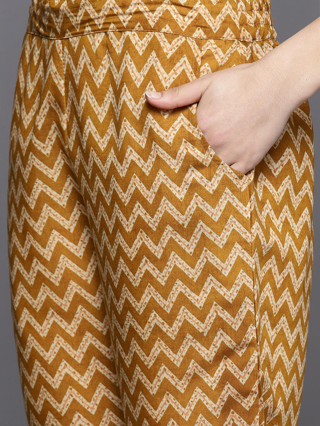 Mustard Printed Silk Blend Straight Kurta Set With Trousers - Libas