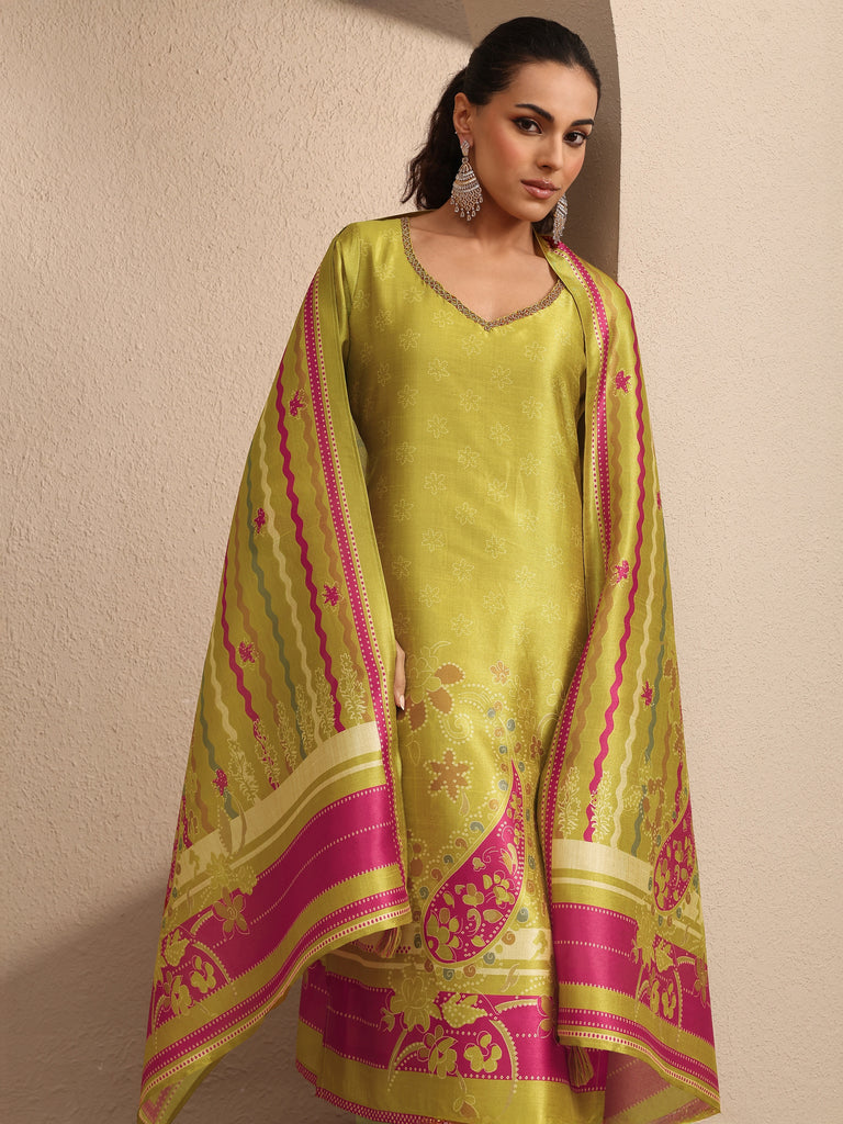 Libas Mustard Printed Silk Blend Straight Suit Set With Dupatta