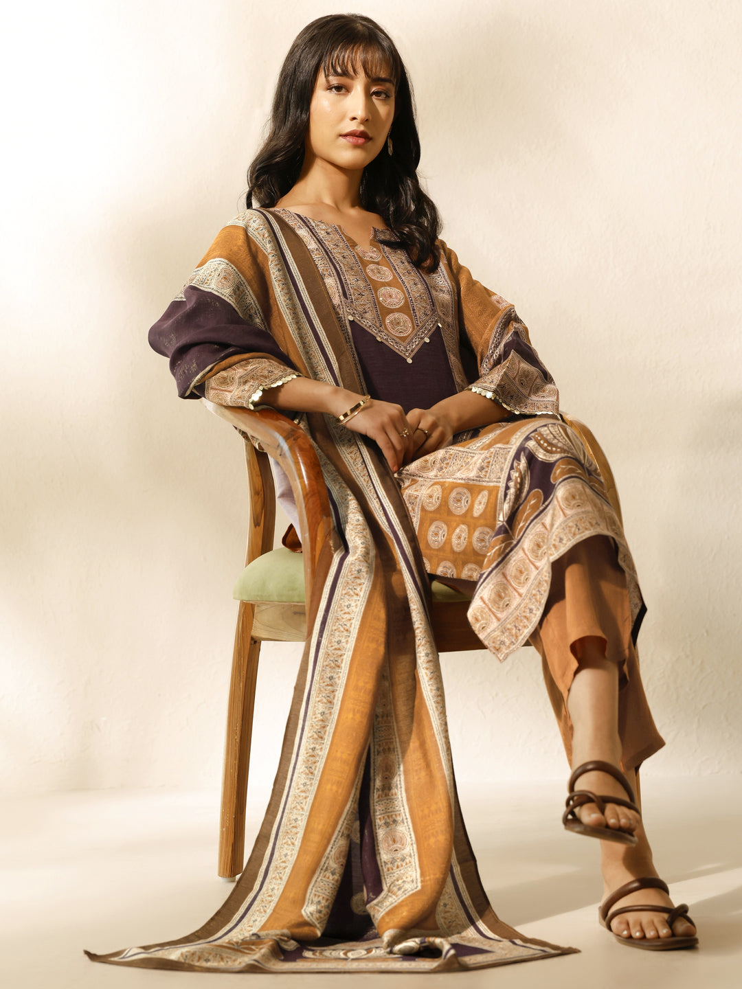 Mustard Printed Silk blend Straight Suit Set With Dupatta