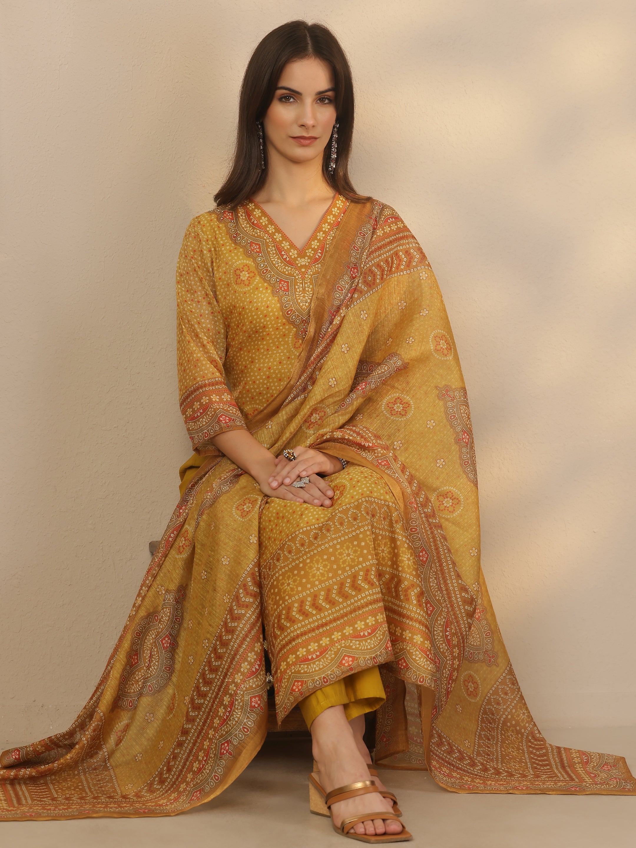 Mustard Printed Silk Blend Straight Suit Set With Dupatta-image-46
