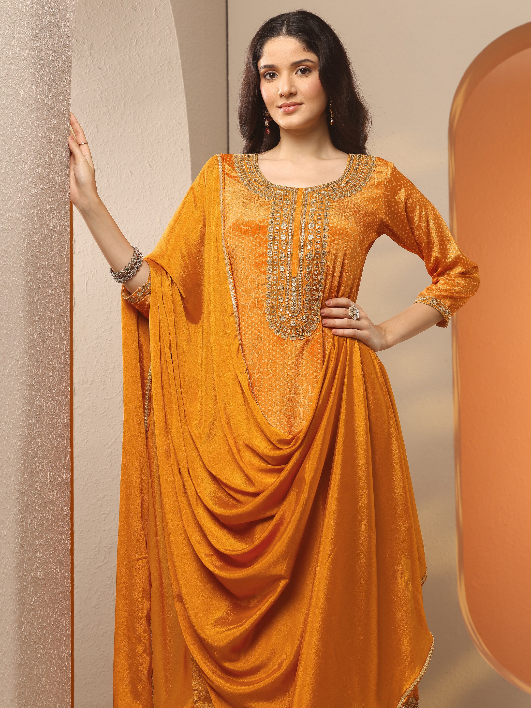 libas Mustard Printed Silk Blend Straight Suit Set With Dupatta-picture-24
